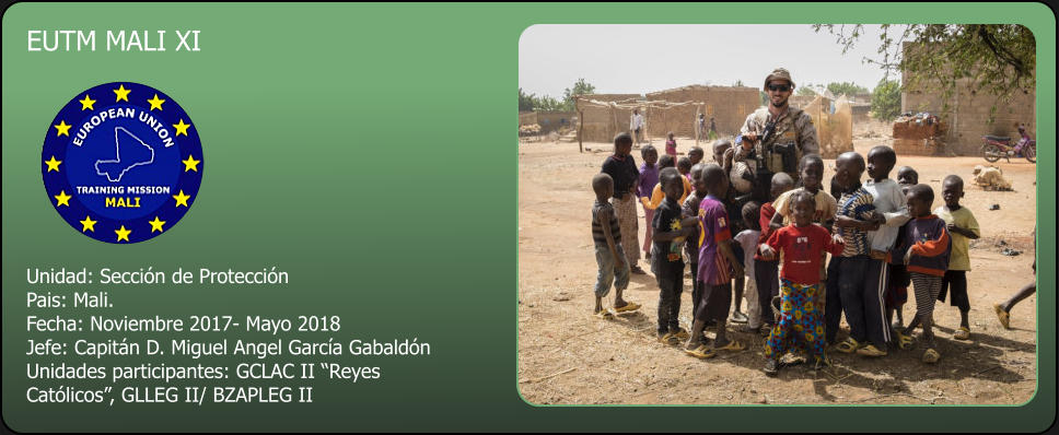 EUTM MALI XI  Unidad: Sección de Protección Pais: Mali. Fecha: Noviembre 2017- Mayo 2018 Jefe: Capitán D. Miguel Angel García Gabaldón Unidades participantes: GCLAC II “Reyes Católicos”, GLLEG II/ BZAPLEG II